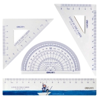 得力71986，15cm学生套尺/几米系列塑料直尺三角尺量角器套装四件套尺