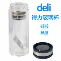 得力8988，带茶隔320ml玻璃杯(1/24)直杯食品级商务办公水杯保温
