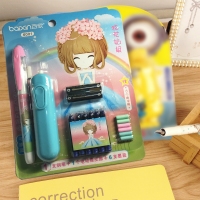 百欣6001，墨囊钢笔-1+6电动橡皮组合套装-可擦蓝（1/20/240）